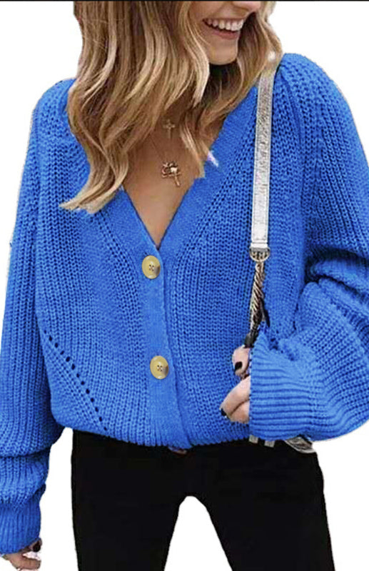 Blue Zone Planet | Solid V-Neck Lantern Sleeve Button Knit Cardigan kakaclo