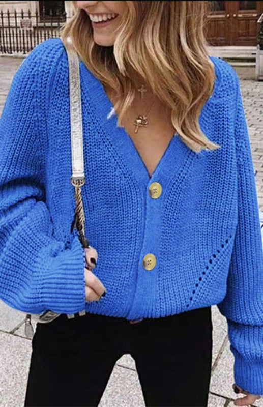 Blue Zone Planet | Solid V-Neck Lantern Sleeve Button Knit Cardigan kakaclo