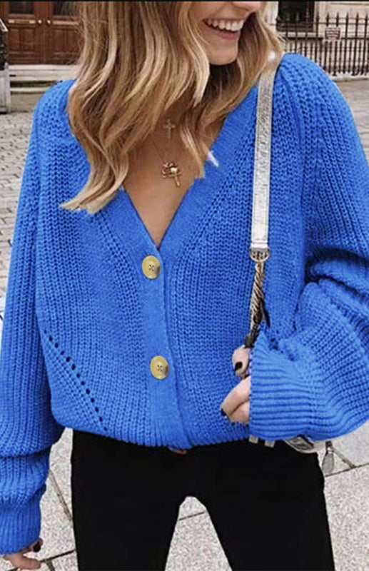 Blue Zone Planet | Solid V-Neck Lantern Sleeve Button Knit Cardigan kakaclo