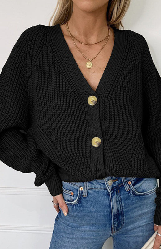 Blue Zone Planet | Solid V-Neck Lantern Sleeve Button Knit Cardigan kakaclo