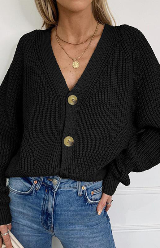 Blue Zone Planet | Solid V-Neck Lantern Sleeve Button Knit Cardigan kakaclo