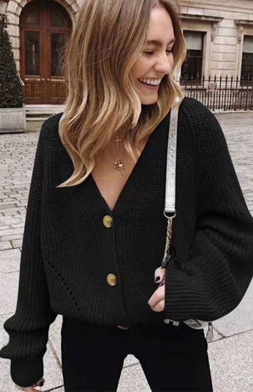 Blue Zone Planet | Solid V-Neck Lantern Sleeve Button Knit Cardigan kakaclo