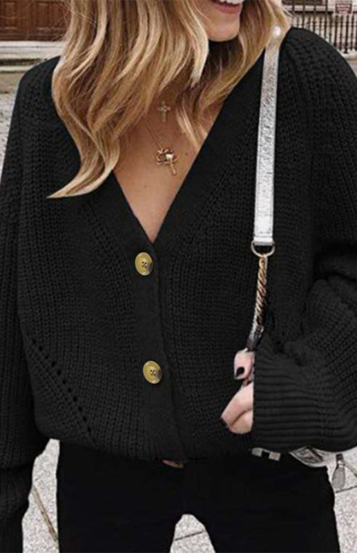 Blue Zone Planet | Solid V-Neck Lantern Sleeve Button Knit Cardigan kakaclo