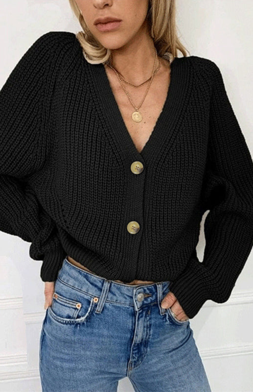 Blue Zone Planet | Solid V-Neck Lantern Sleeve Button Knit Cardigan kakaclo