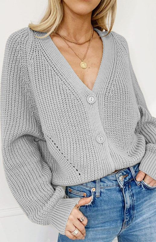 Blue Zone Planet | Solid V-Neck Lantern Sleeve Button Knit Cardigan kakaclo