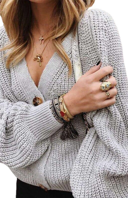 Blue Zone Planet | Solid V-Neck Lantern Sleeve Button Knit Cardigan kakaclo