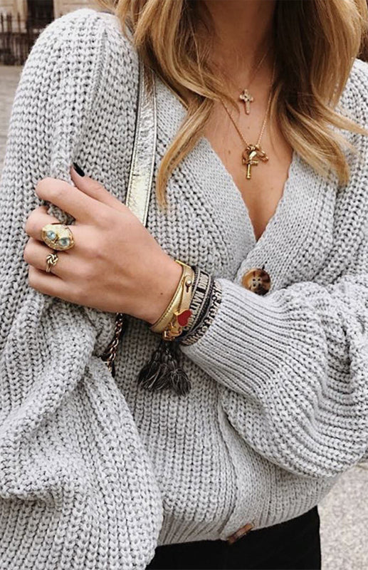 Blue Zone Planet | Solid V-Neck Lantern Sleeve Button Knit Cardigan kakaclo