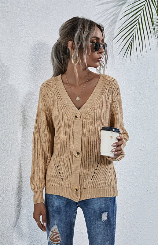 Blue Zone Planet | Solid V-Neck Lantern Sleeve Button Knit Cardigan kakaclo