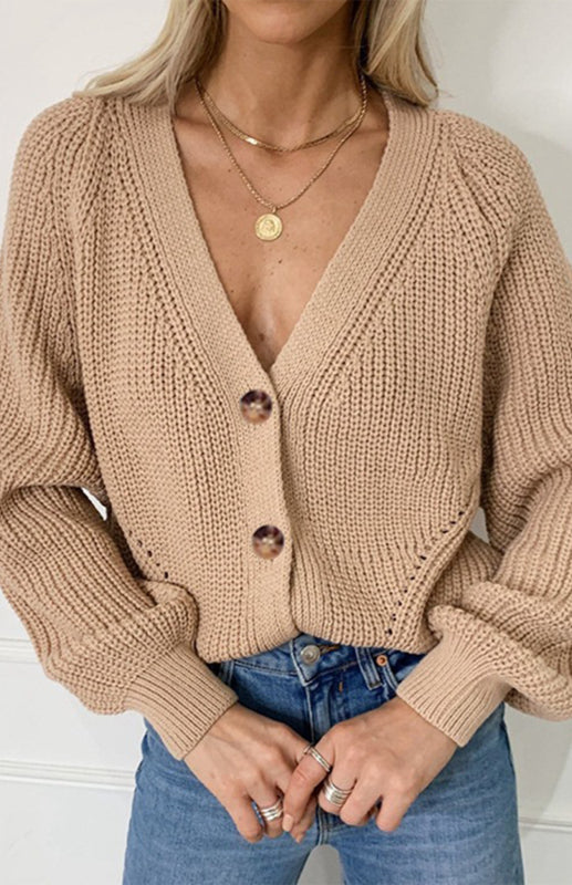 Blue Zone Planet | Solid V-Neck Lantern Sleeve Button Knit Cardigan kakaclo