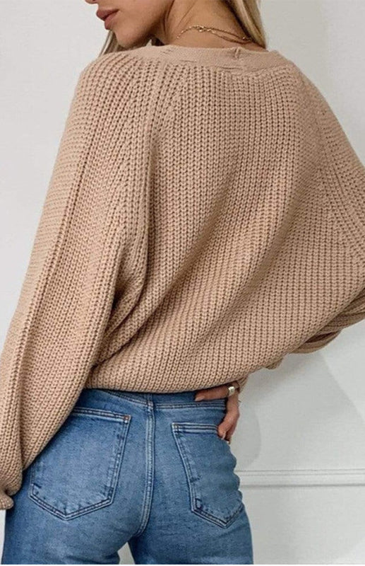 Blue Zone Planet | Solid V-Neck Lantern Sleeve Button Knit Cardigan kakaclo