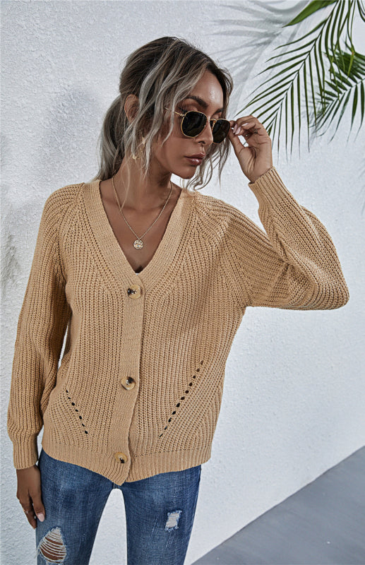 Blue Zone Planet | Solid V-Neck Lantern Sleeve Button Knit Cardigan kakaclo