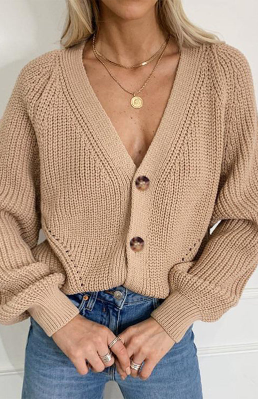 Blue Zone Planet | Solid V-Neck Lantern Sleeve Button Knit Cardigan kakaclo