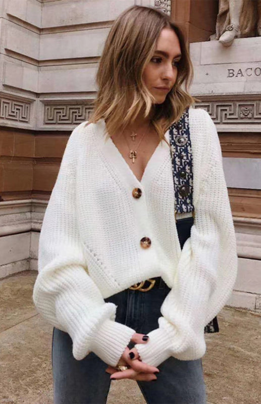Blue Zone Planet | Solid V-Neck Lantern Sleeve Button Knit Cardigan kakaclo