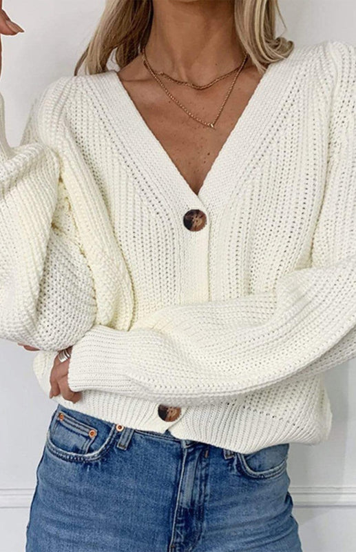 Blue Zone Planet | Solid V-Neck Lantern Sleeve Button Knit Cardigan kakaclo