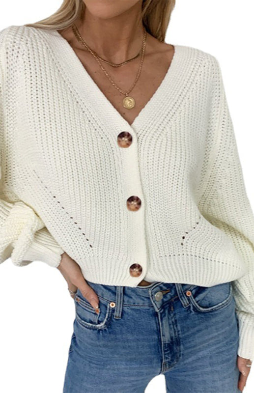 Blue Zone Planet | Solid V-Neck Lantern Sleeve Button Knit Cardigan kakaclo