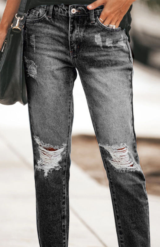 Blue Zone Planet | Temperament Ripped Jeans Pants BLUE ZONE PLANET