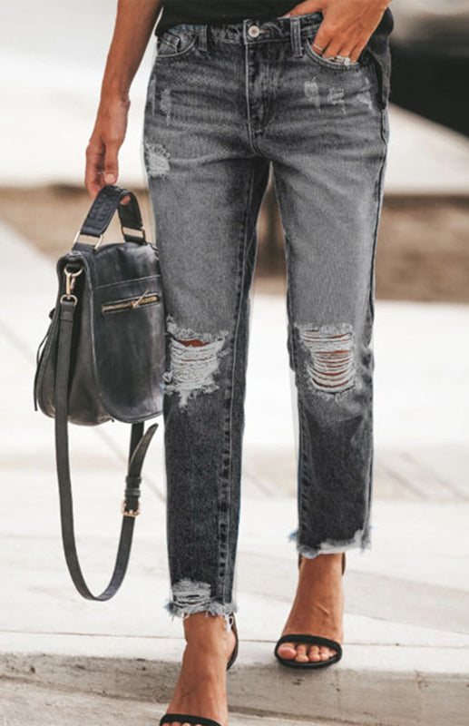 Blue Zone Planet | Temperament Ripped Jeans Pants BLUE ZONE PLANET