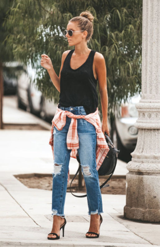 Blue Zone Planet | Temperament Ripped Jeans Pants BLUE ZONE PLANET