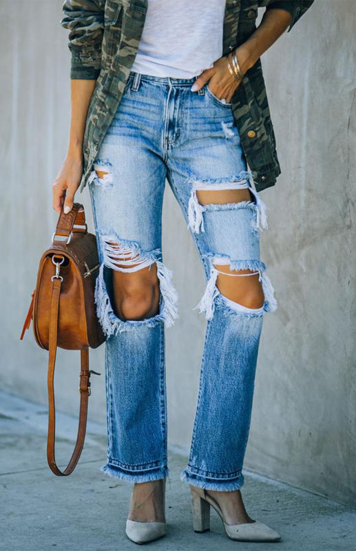Ariadne's Mid-Waist Straight Pocket Ripped Jeans kakaclo