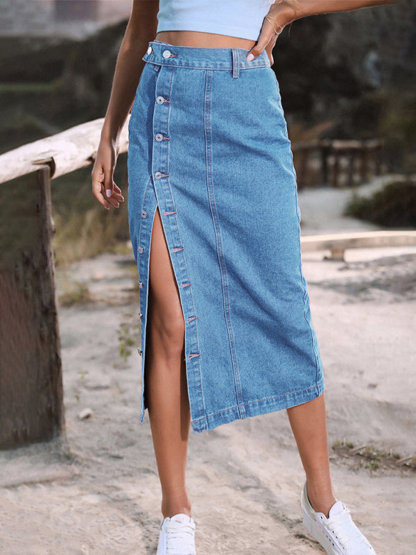 Blue Zone Planet | Irregular Split Denim High Waist Skirt BLUE ZONE PLANET