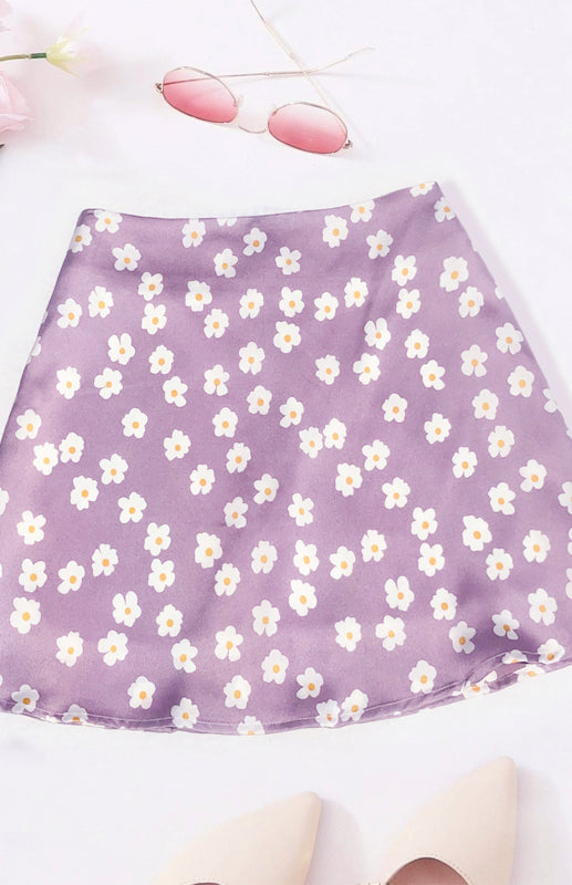 Blue Zone Planet | Laura's High Waist Satin Floral Print Short Mini Skirt BLUE ZONE PLANET