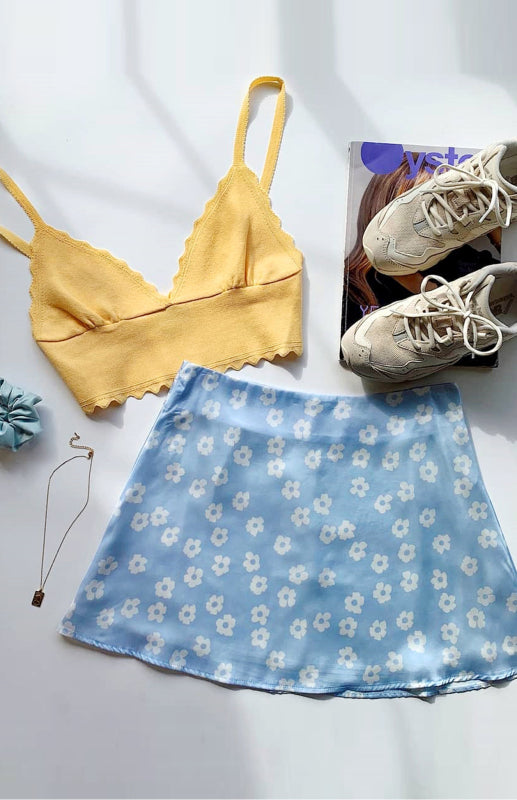 Blue Zone Planet | Laura's High Waist Satin Floral Print Short Mini Skirt BLUE ZONE PLANET