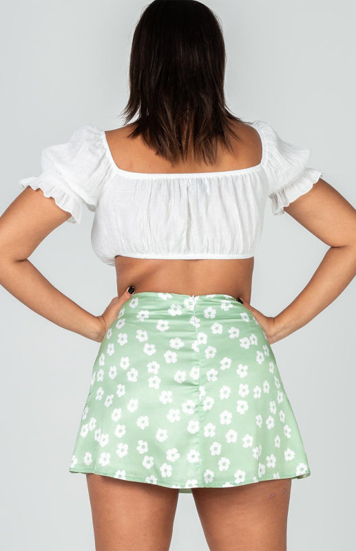 Blue Zone Planet | Laura's High Waist Satin Floral Print Short Mini Skirt BLUE ZONE PLANET
