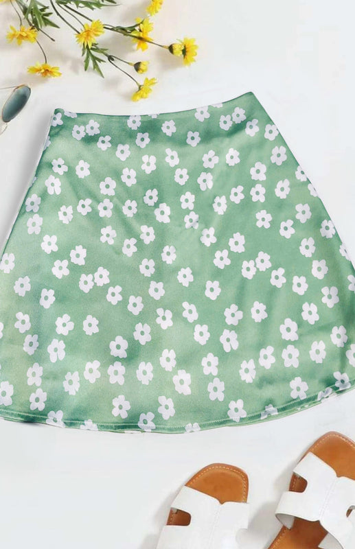 Blue Zone Planet | Laura's High Waist Satin Floral Print Short Mini Skirt BLUE ZONE PLANET