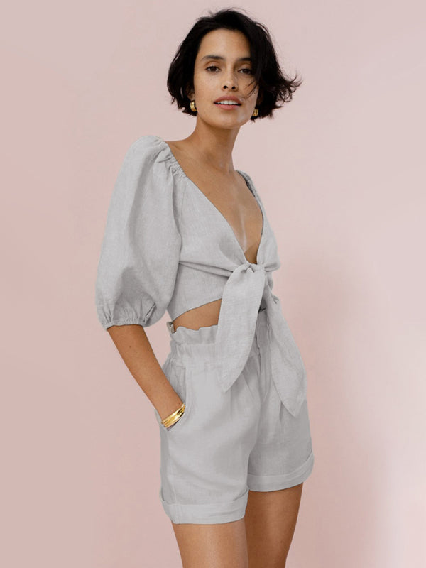 Blue Zone Planet | Women's Sexy Cotton Linen Cardigan Top Pocket Shorts Casual Suit kakaclo