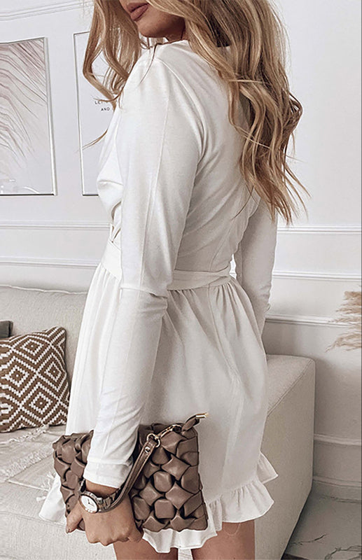 Simple And Generous Solid Color V-Neck Lace-Up Dress kakaclo