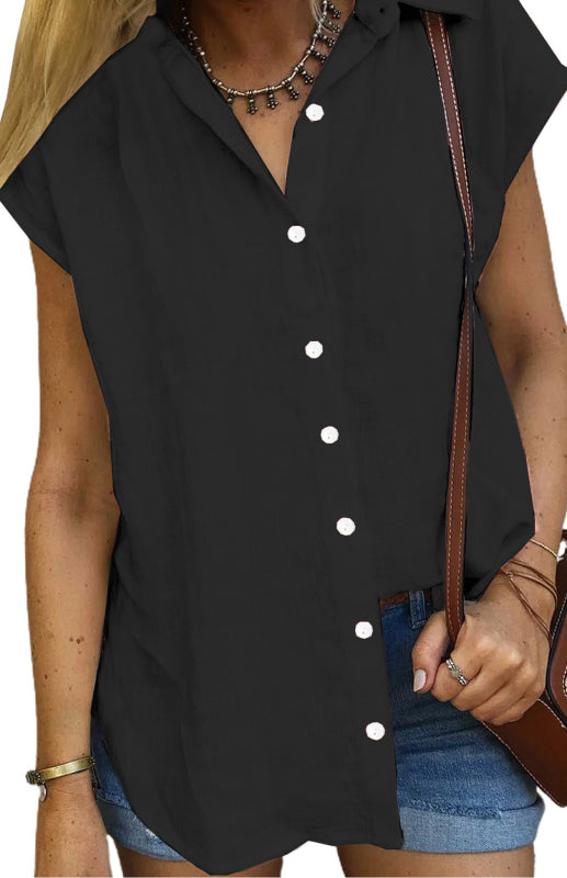 Blue Zone Planet | Linen Lapel Button Raglan Short Sleeve Shirt Curved Slit Hem Blouse BLUE ZONE PLANET