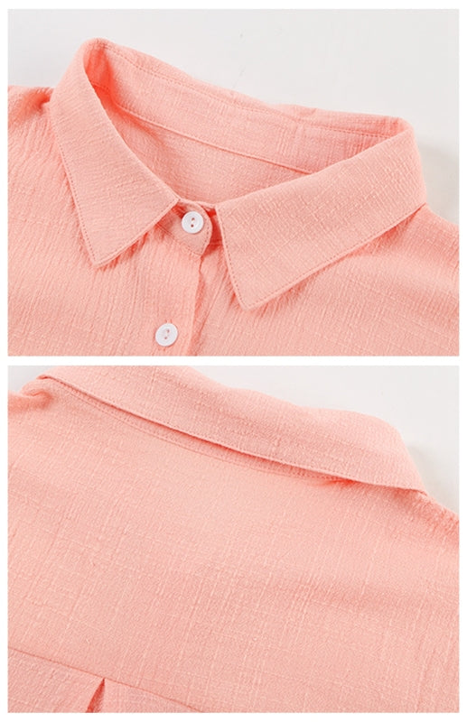 Blue Zone Planet | Linen Lapel Button Raglan Short Sleeve Shirt Curved Slit Hem Blouse BLUE ZONE PLANET