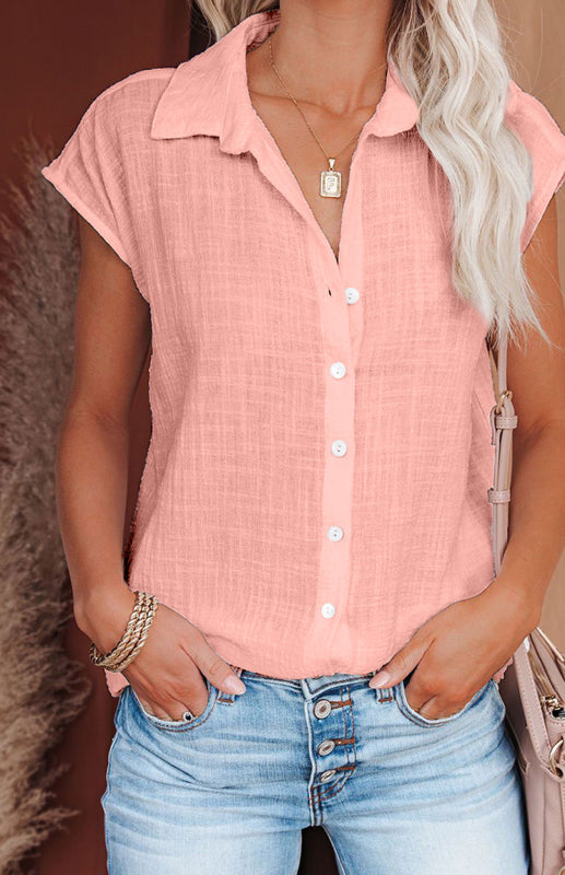 Blue Zone Planet | Linen Lapel Button Raglan Short Sleeve Shirt Curved Slit Hem Blouse BLUE ZONE PLANET
