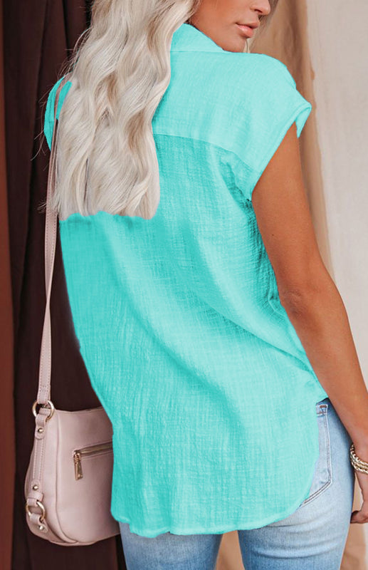 Blue Zone Planet | Linen Lapel Button Raglan Short Sleeve Shirt Curved Slit Hem Blouse BLUE ZONE PLANET