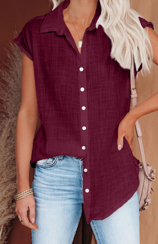 Blue Zone Planet | Linen Lapel Button Raglan Short Sleeve Shirt Curved Slit Hem Blouse BLUE ZONE PLANET