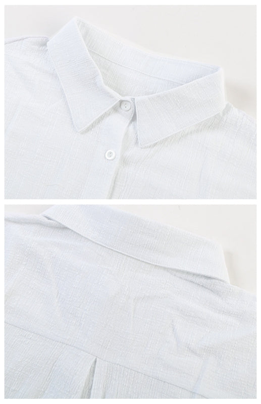 Blue Zone Planet | Linen Lapel Button Raglan Short Sleeve Shirt Curved Slit Hem Blouse BLUE ZONE PLANET