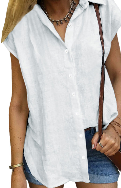 Blue Zone Planet | Linen Lapel Button Raglan Short Sleeve Shirt Curved Slit Hem Blouse BLUE ZONE PLANET