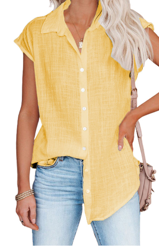 Blue Zone Planet | Linen Lapel Button Raglan Short Sleeve Shirt Curved Slit Hem Blouse BLUE ZONE PLANET