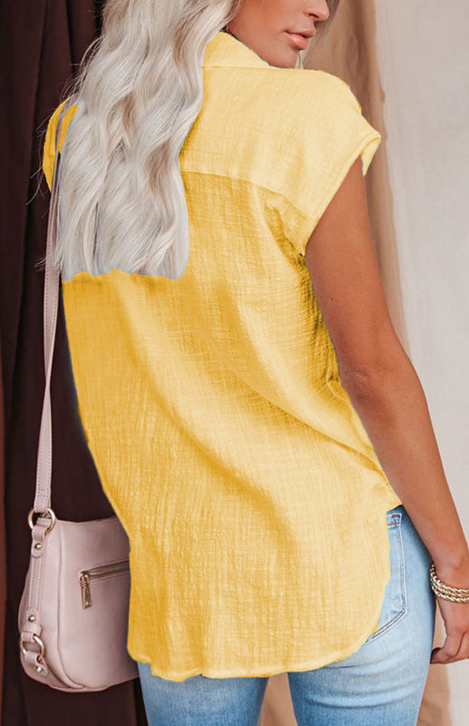 Blue Zone Planet | Linen Lapel Button Raglan Short Sleeve Shirt Curved Slit Hem Blouse BLUE ZONE PLANET