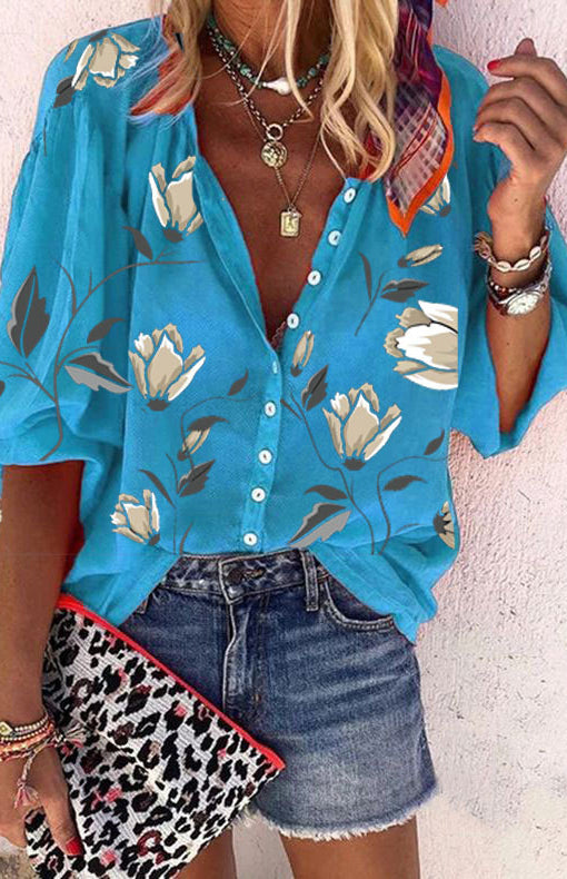Blue Zone Planet | Floral Printed Stand Collar Loose Casual Shirt BLUE ZONE PLANET