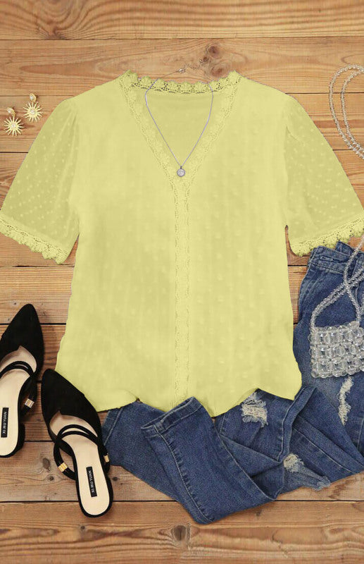 Blue Zone Planet | Women’s Lace Splicing V-Neck Swiss Dot Short Sleeve Top BLUE ZONE PLANET
