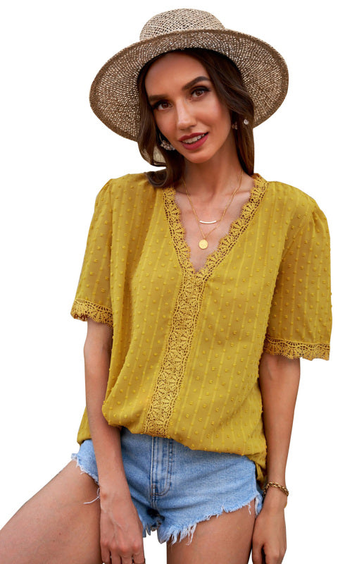 Blue Zone Planet | Women’s Lace Splicing V-Neck Swiss Dot Short Sleeve Top BLUE ZONE PLANET
