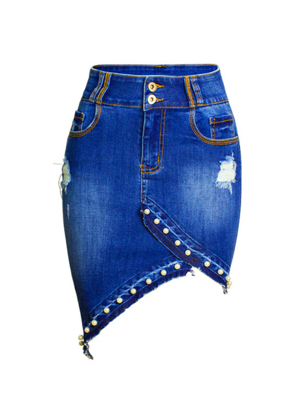 Blue Zone Planet | Irregular Beaded Pearl Denim Midi Skirt BLUE ZONE PLANET