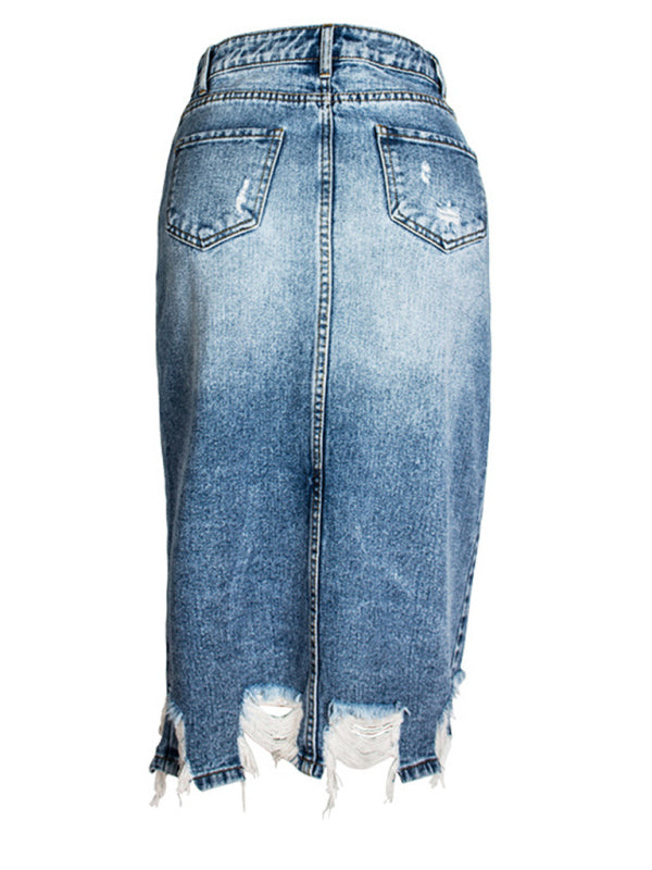Blue Zone Planet | Irregular fringed ripped butt-lifting denim midi skirt BLUE ZONE PLANET