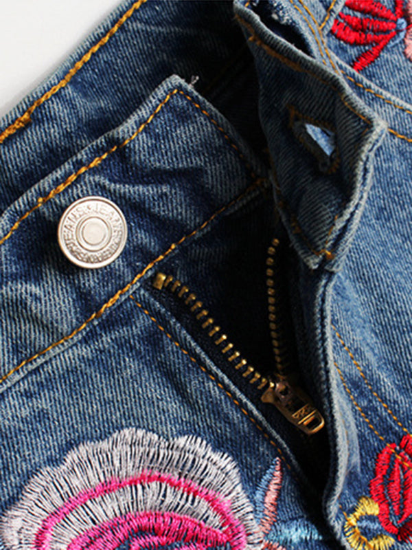 Blue Zone Planet | Floral Embroidered High Waist Washed Denim Mid Skirt BLUE ZONE PLANET