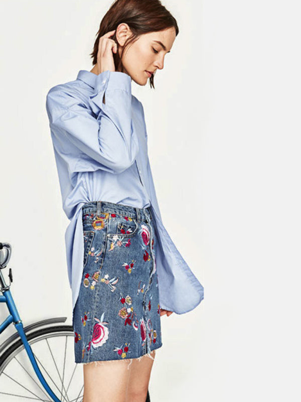 Blue Zone Planet | Floral Embroidered High Waist Washed Denim Mid Skirt BLUE ZONE PLANET