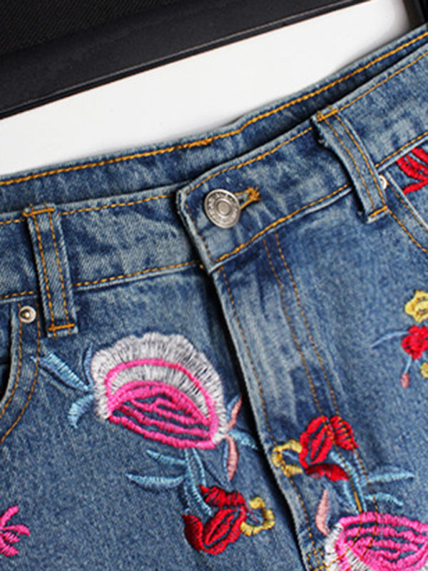 Blue Zone Planet | Floral Embroidered High Waist Washed Denim Mid Skirt BLUE ZONE PLANET