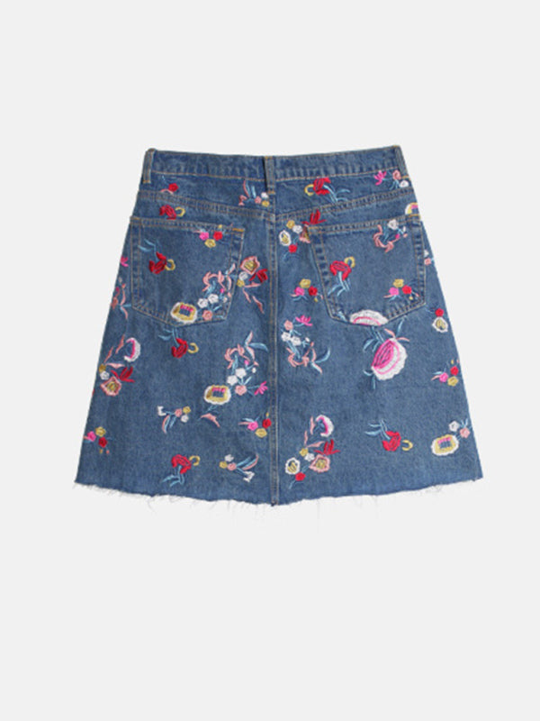 Blue Zone Planet | Floral Embroidered High Waist Washed Denim Mid Skirt BLUE ZONE PLANET
