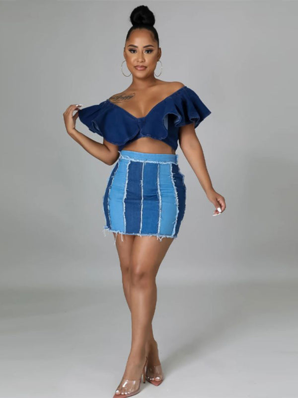 Blue Zone Planet | High Waist Patchwork Washed Pleated Denim Skirt BLUE ZONE PLANET