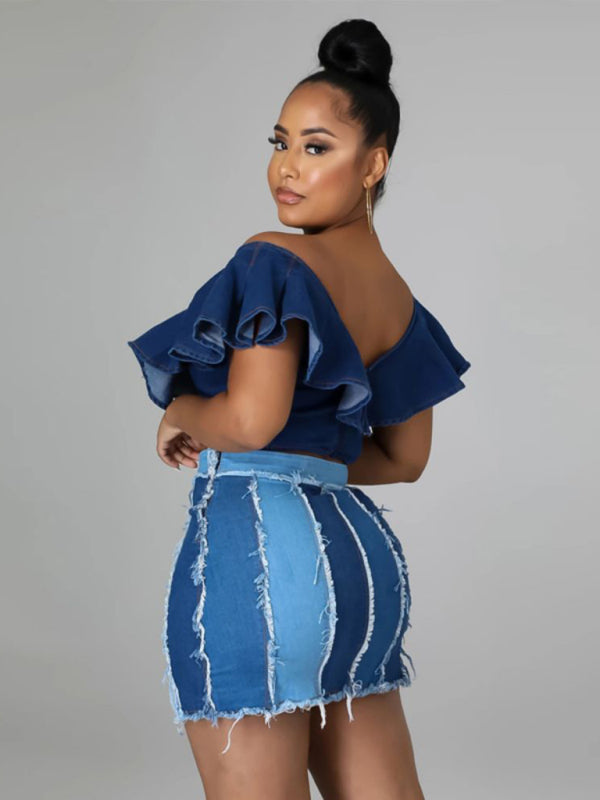 Blue Zone Planet | High Waist Patchwork Washed Pleated Denim Skirt BLUE ZONE PLANET